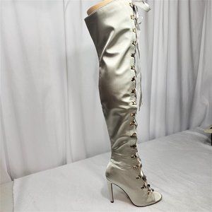 Cape Robbin Gray Lace-Up Peep Toe 4.5" Stiletto Thigh High Boots